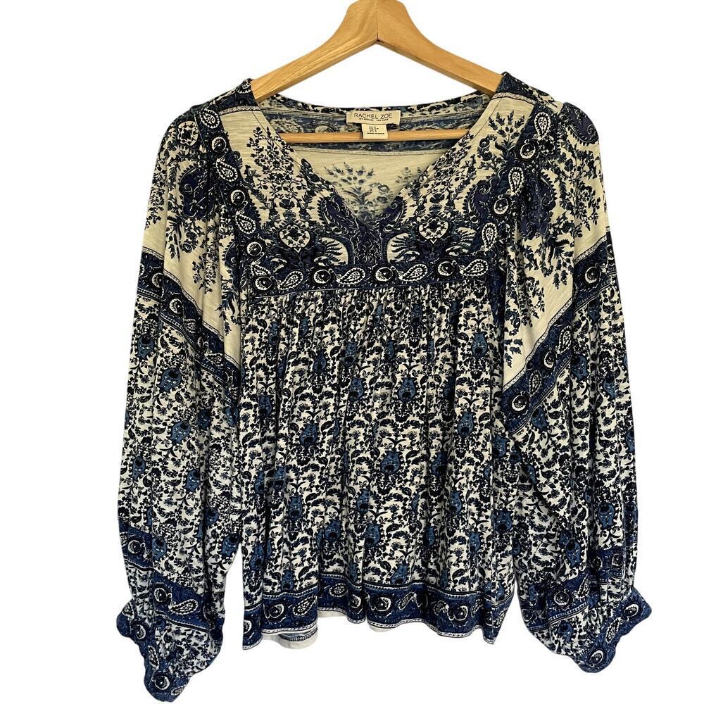 Rachel Zoe blue white blouse puffed sleeves v-neck women's size S cotton blouse
